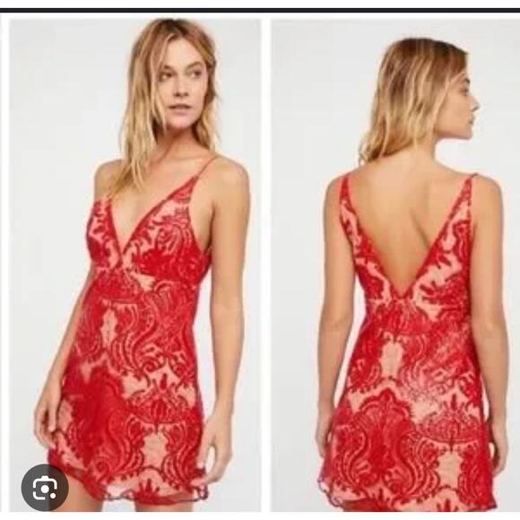 FREE PEOPLE Night Shimmers Red Mini Dress SIZE 8 Lace Overlay Deep V Homecoming - Picture 1 of 10